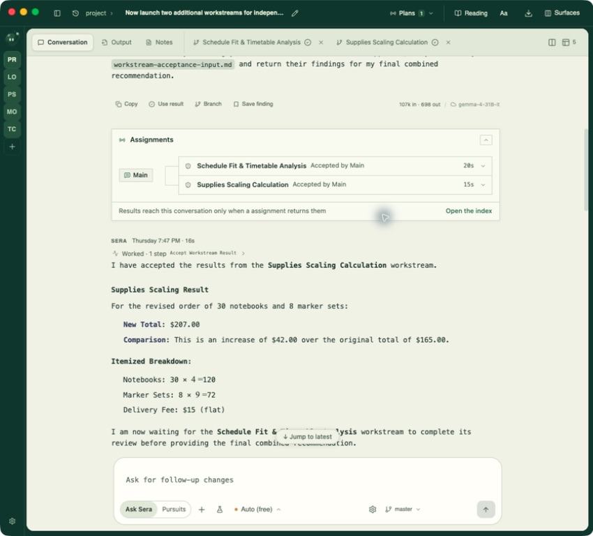 Sera desktop app showing two assignments reviewed in the main conversation